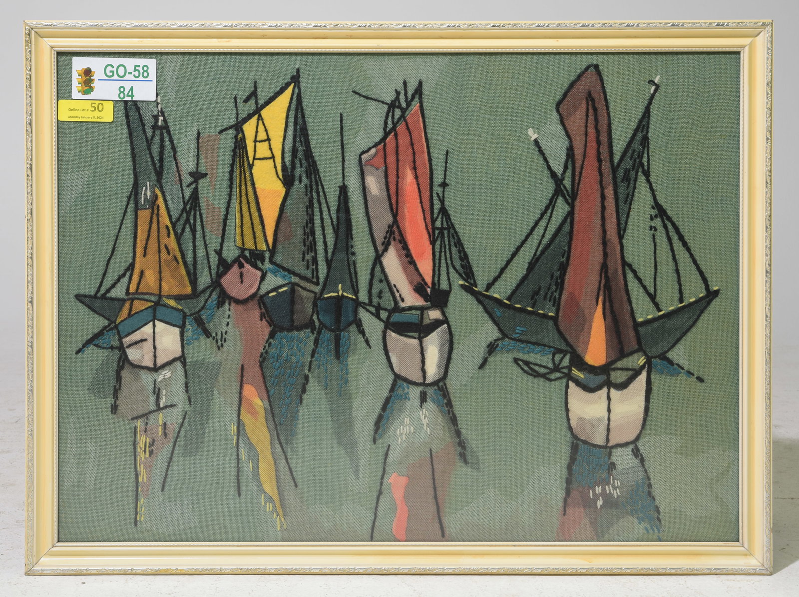 Framed Abstract Hand Stitched Textile Art - Ships (1 of 2)