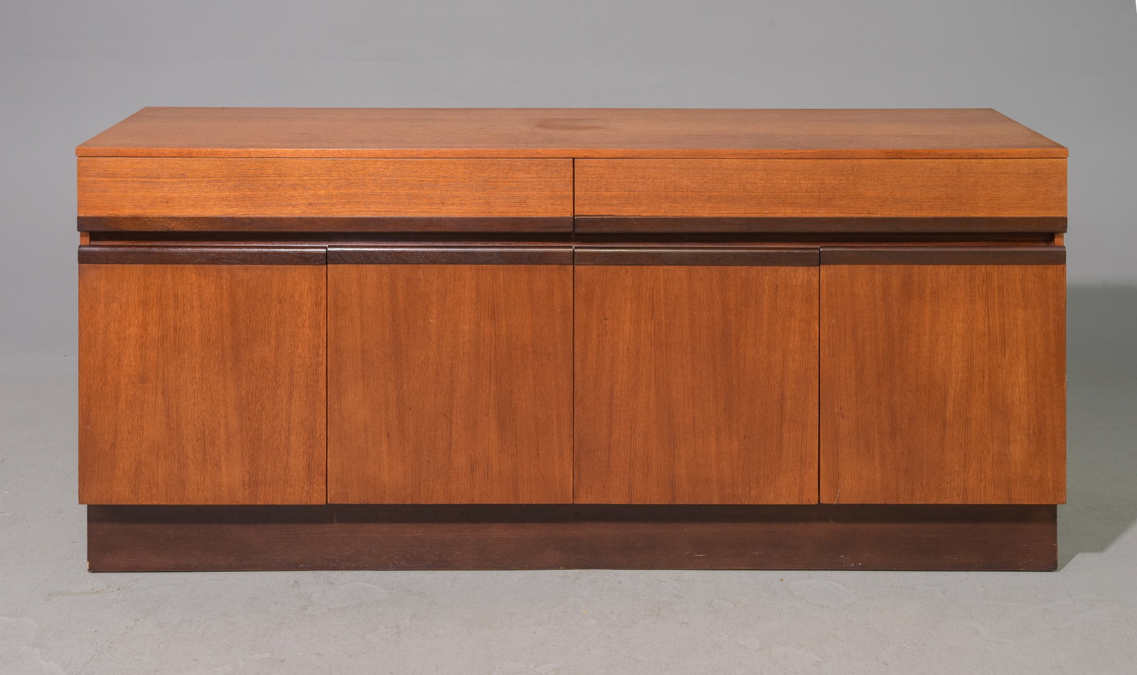 Mid Century Modern Sideboard / Credenza: Danish Modern Style Sideboard / Credenza by British Furniture Maker G-Plan on Plinth Base - 30 in tall x 66.5 x 18.5