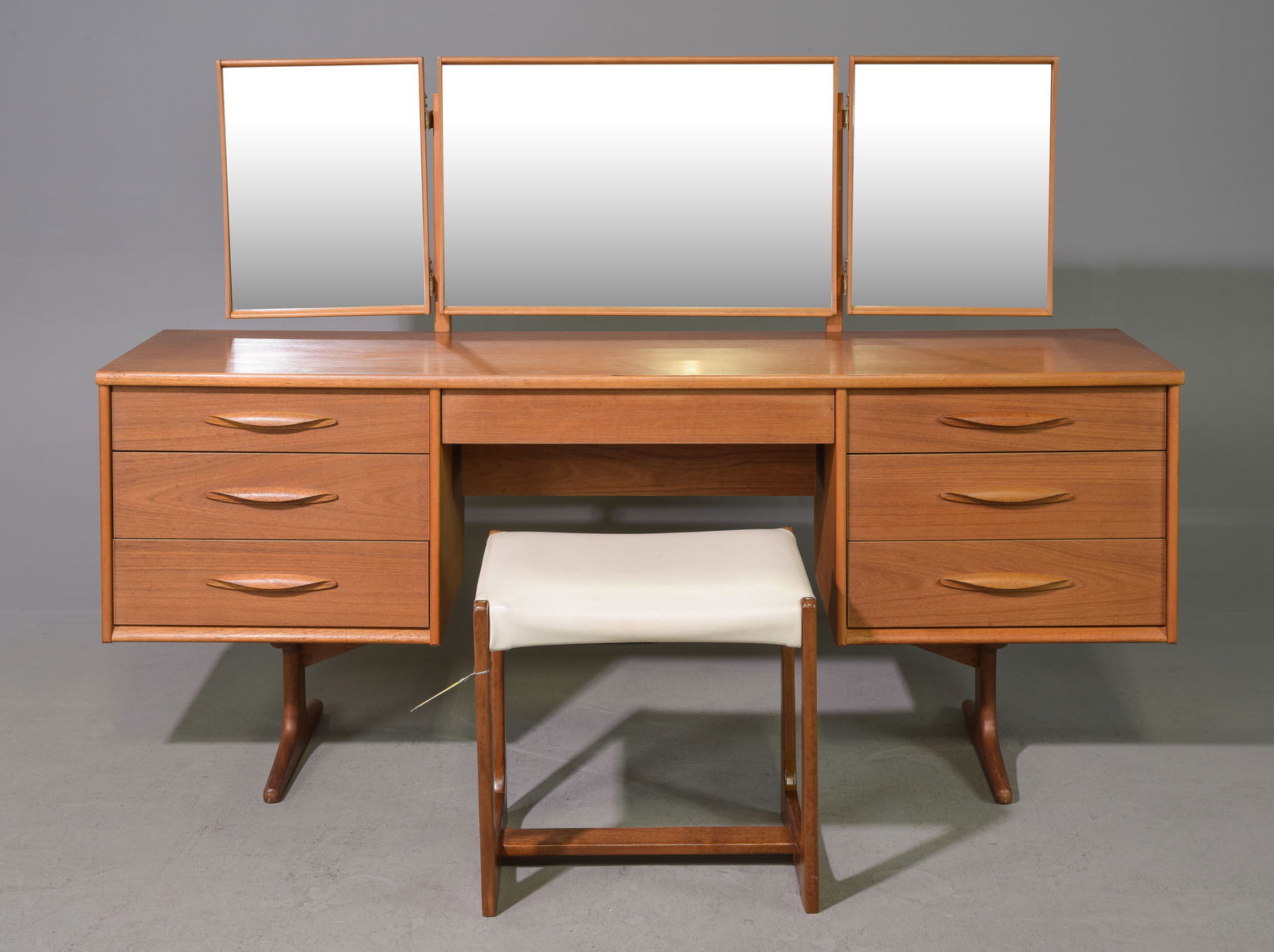 Mid Century Modern Triple Mirror Dresser & Stool (1 of 7)
