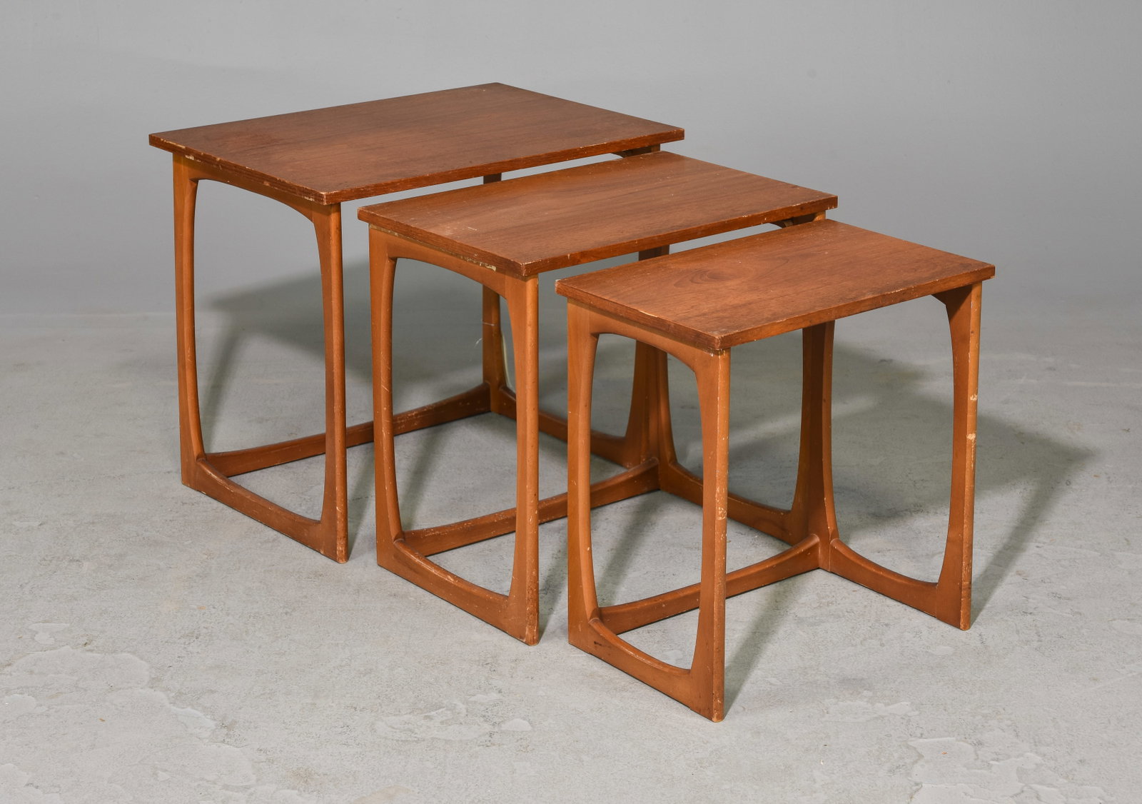 Mid Century Modern Quadrille Nest of 3 Tables: Danish Modern Style Teak Quadrille Nest of 3 Tables - 20 in tall x 21 x 18