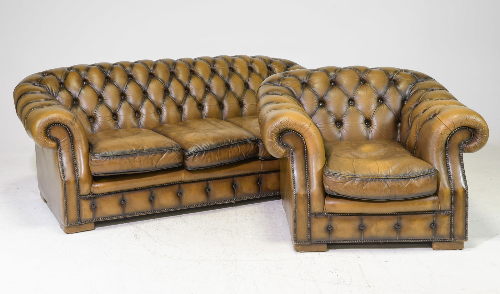 British Mustard Leather Chesterfield Sofa & Chair (1 of 8)