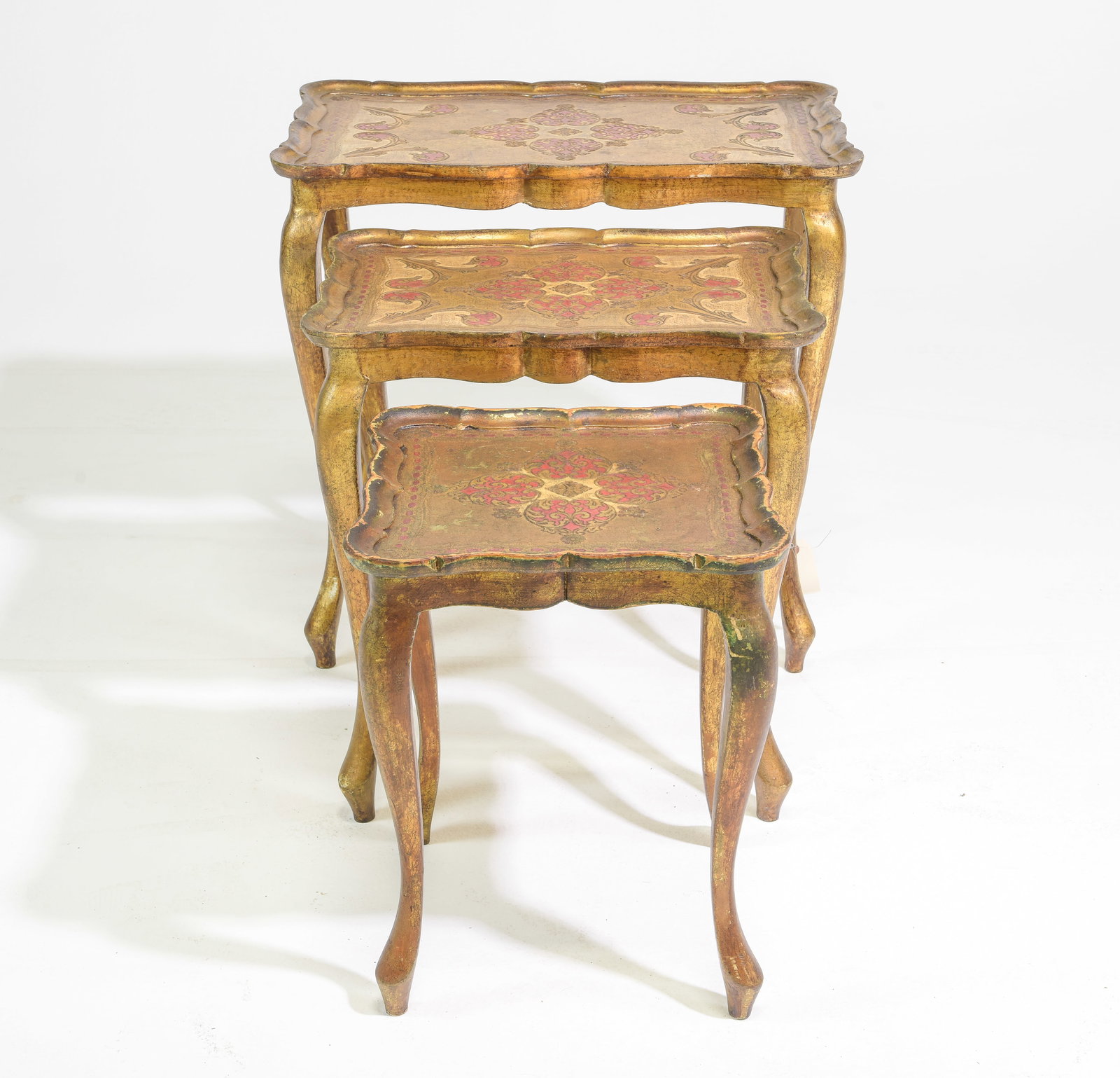Florentine Gold & Red Nest of 3 Tables: Florentine Gold & Red Nest of 3 Tables - 23 in tall x 22 x 14