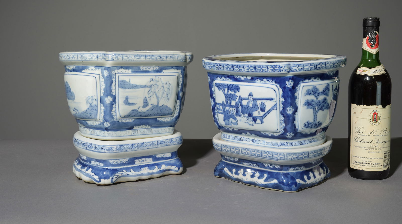 Two Asian Style Blue & White Planters with Stands (1 of 5)