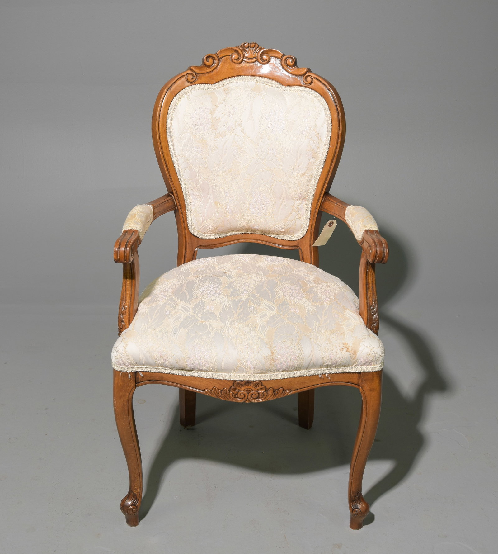 French Style Upholstered Arm Chair: French Style Upholstered Arm Chair - 39.5 in tall x 21.5 x 18, Seat height is 18 inches