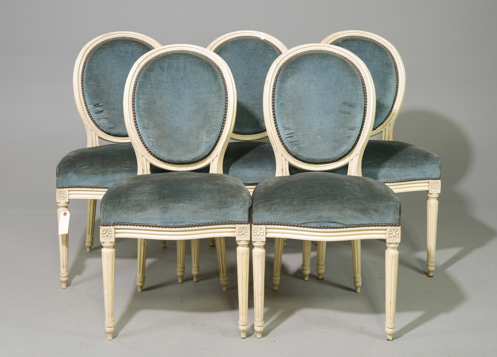 Set of 5 Louis XVI Style Balloon Back Chairs: Set of 5 French Louis XVI Style Painted Balloon Back Chairs with Blue Upholstery - 36 in tall x 20 x 20, Seat height is 19.5 inches