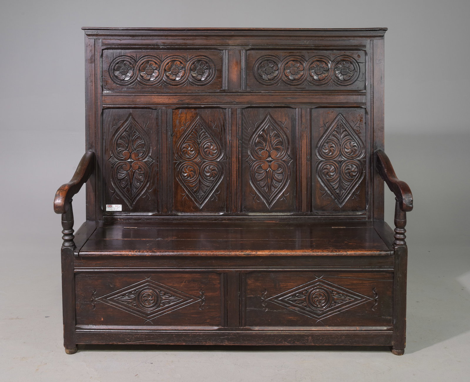 Tudor Style Carved Oak High Back Hall Bench (1 of 4)