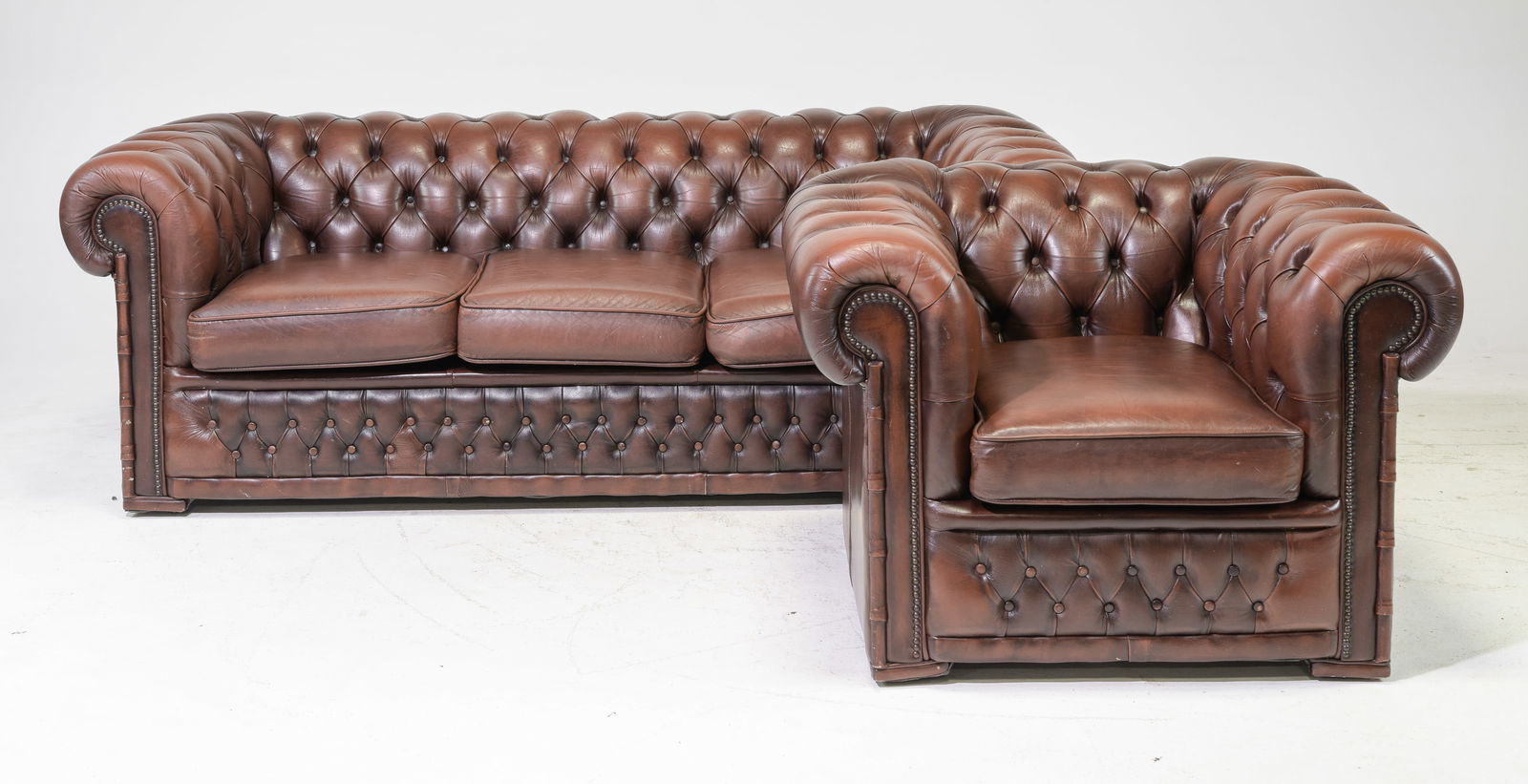 British Brown Leather Chesterfield Sofa & Club Chair (1 of 7)
