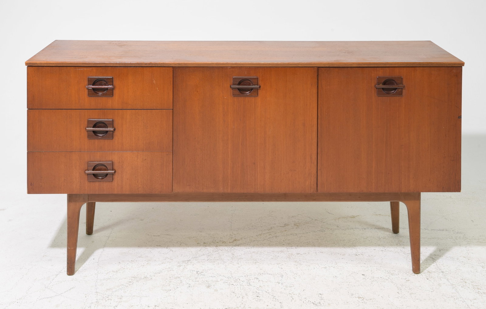 Mid Century Modern Teak Cocktail Sideboard: Danish Modern Style Teak Cocktail Sideboard / Credenza - 30 in tall x 60 x 16