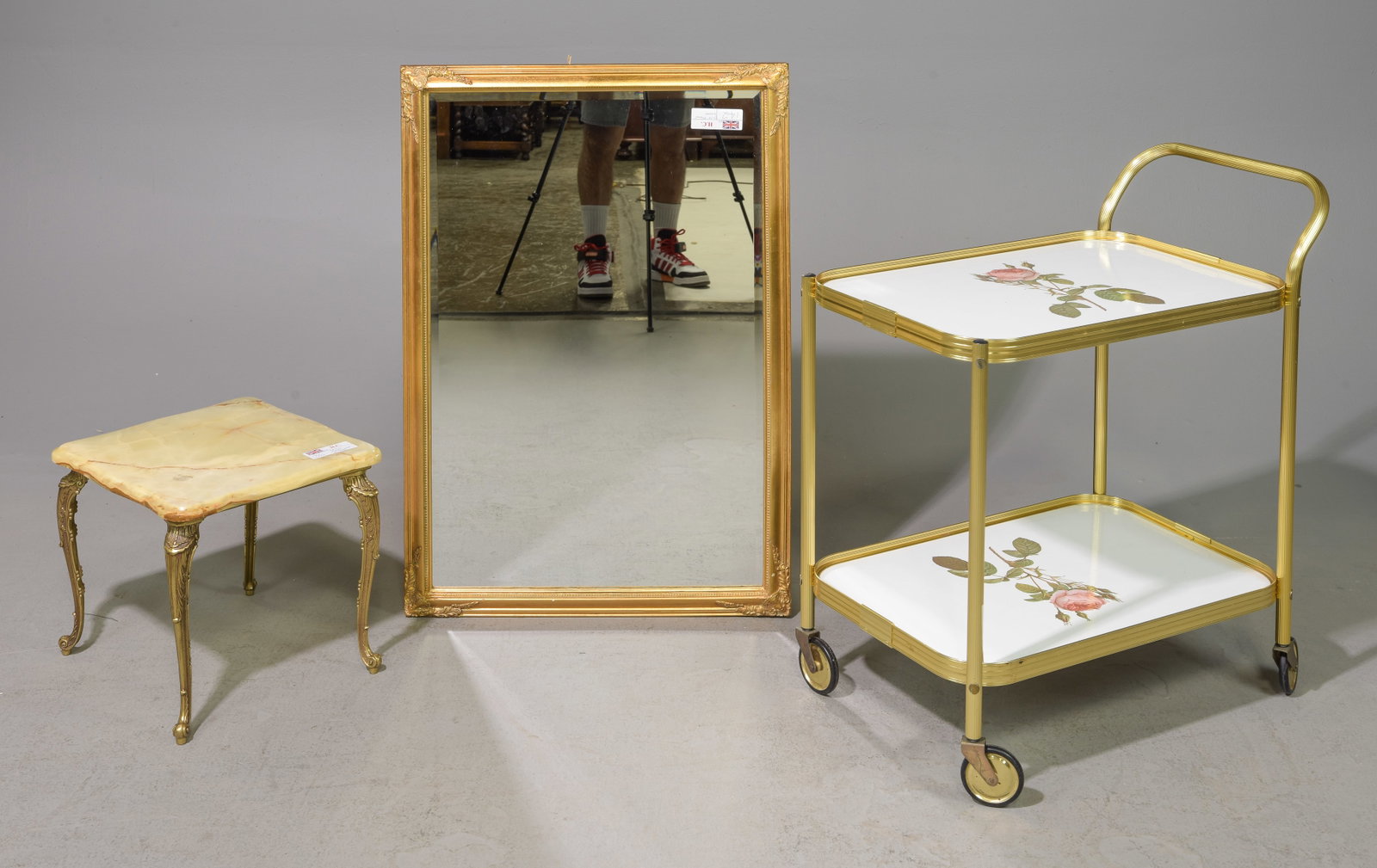 Small Onyx Table, Gold Gilt 2 Tier Trolley & Mirror: Small Onyx Table, Gold Gilt 2 Tier Trolley & Mirror - 33 inches tall x 22.5 x 1.5