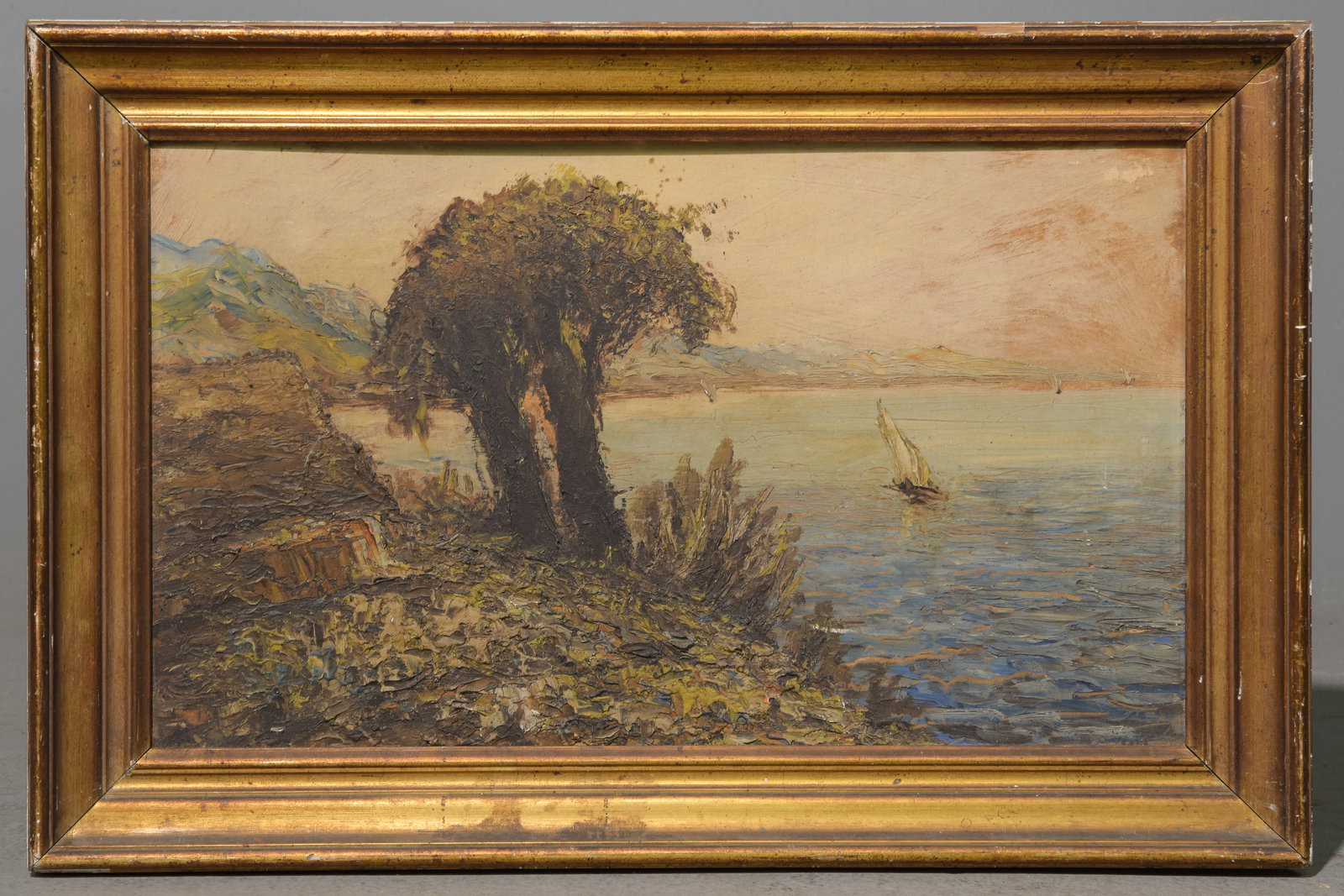 Gold Framed Acrylic on Board - Sail Boat by Shore: Gold Framed Acrylic on Board - Sail Boat by Shore - 15.75 in tall x 23.75 x 1.75, The work itself is 11.75 x 20