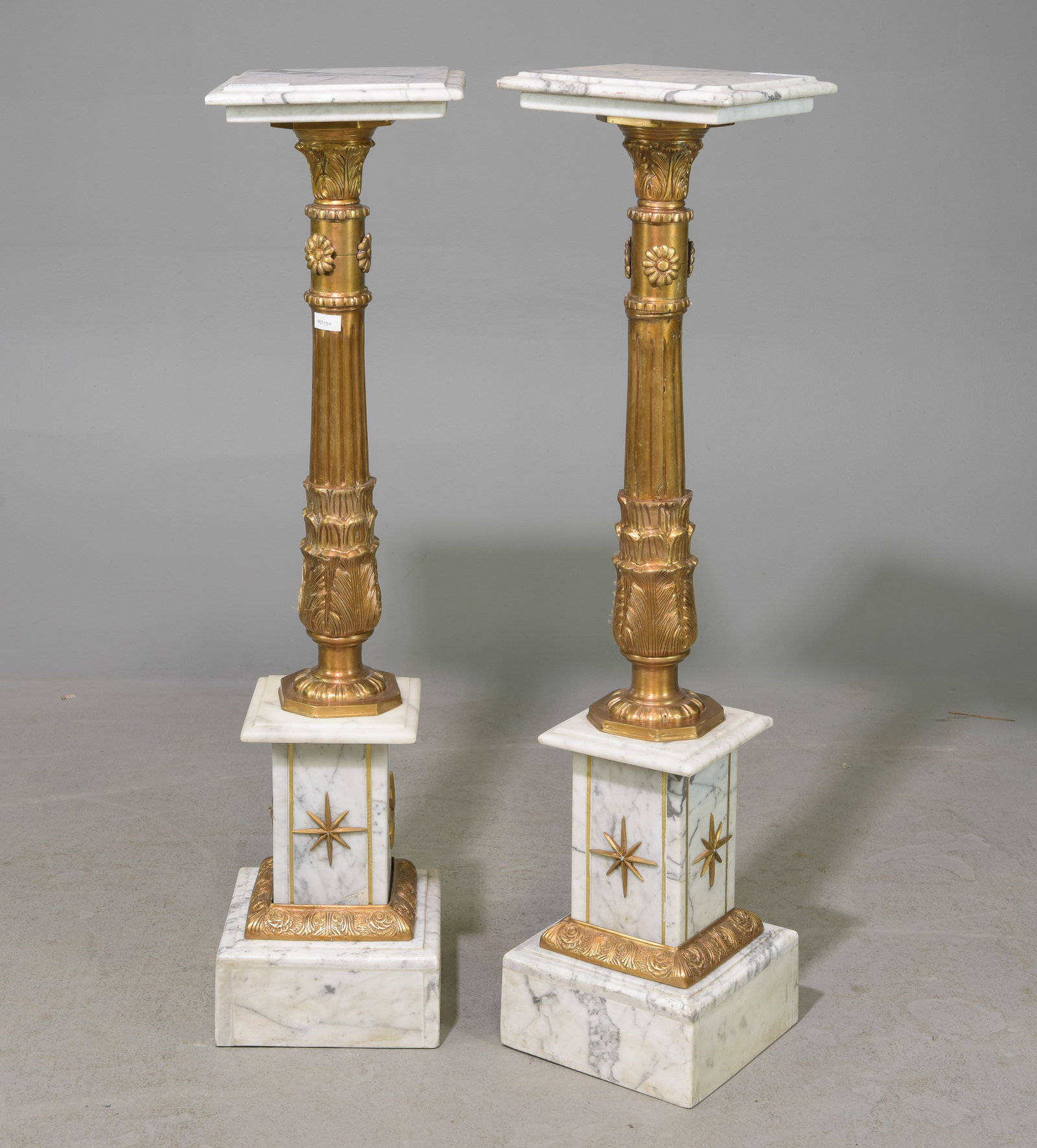 2 Italian Style Marble Pedestals with Gilt Ormolu: 2 Italian Style Marble Pedestals with Gilt Ormolu - 45 in tall x 11 x 11