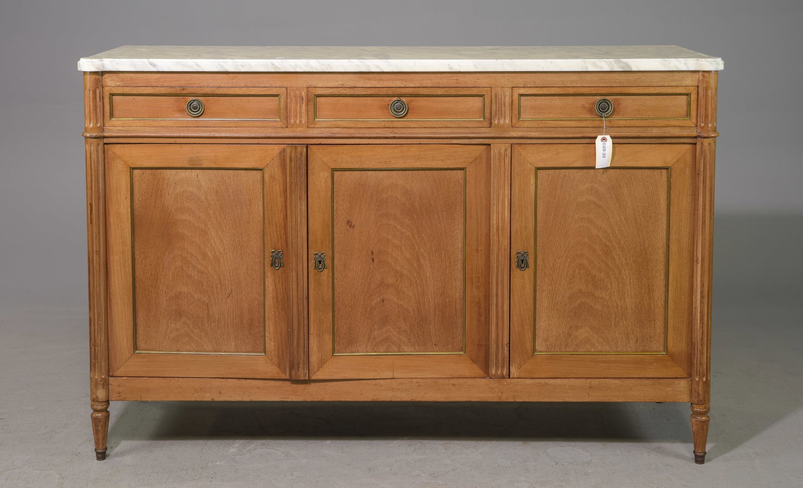 Louis XVI Style White Marble Top Sideboard: French Louis XVI Style White Marble Top Sideboard / Enfilade - 40.5 in tall x 63 x 18.5