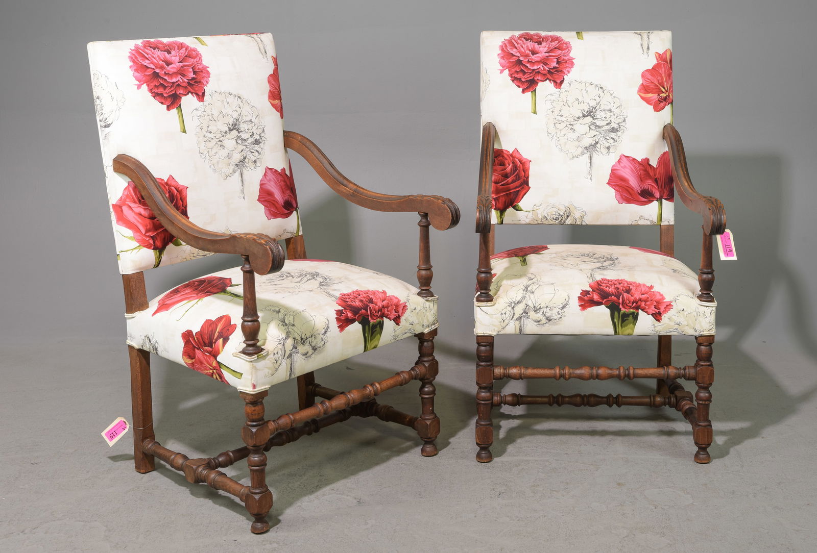 Pair of Louis XIII Style Floral Upholstered Arm Chairs (1 of 3)