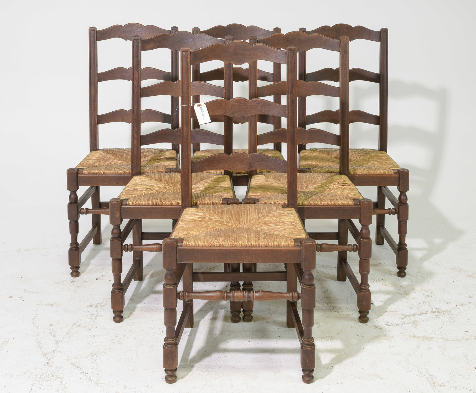 Set of 6 French Oak Ladder Back Rush Seat Chairs: Set of 6 French Oak Ladder Back Rush Seat Chairs - 40 in tall x 40 x 18 x 17, Seat height is 18 inches