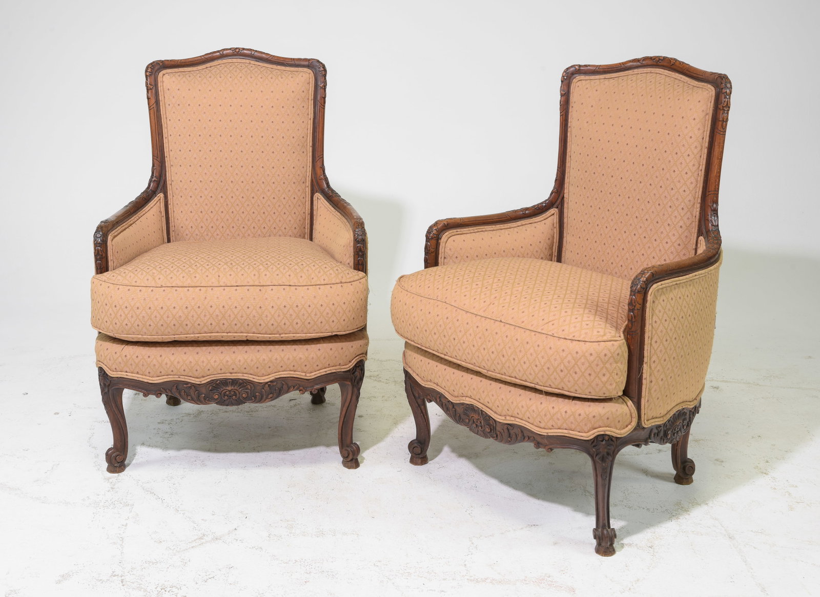 Pair of French Style Oak Bergere Chairs: Pair of French Style Oak Bergere Chairs - 42 in tall x 28 x 24, Seat height is 19.5 inches