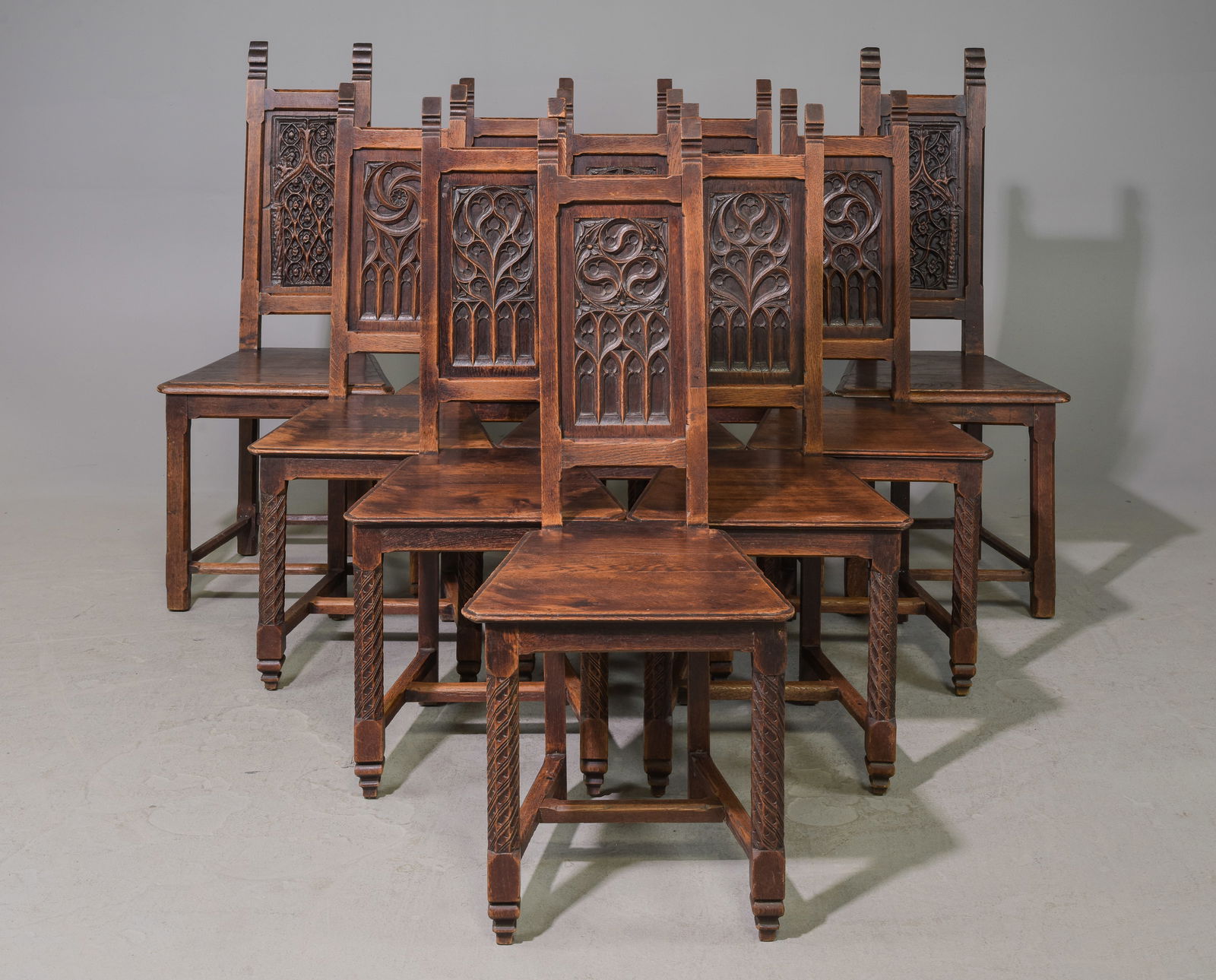 Ten Spanish Style Gothic Carved Oak Chairs (1 of 7)