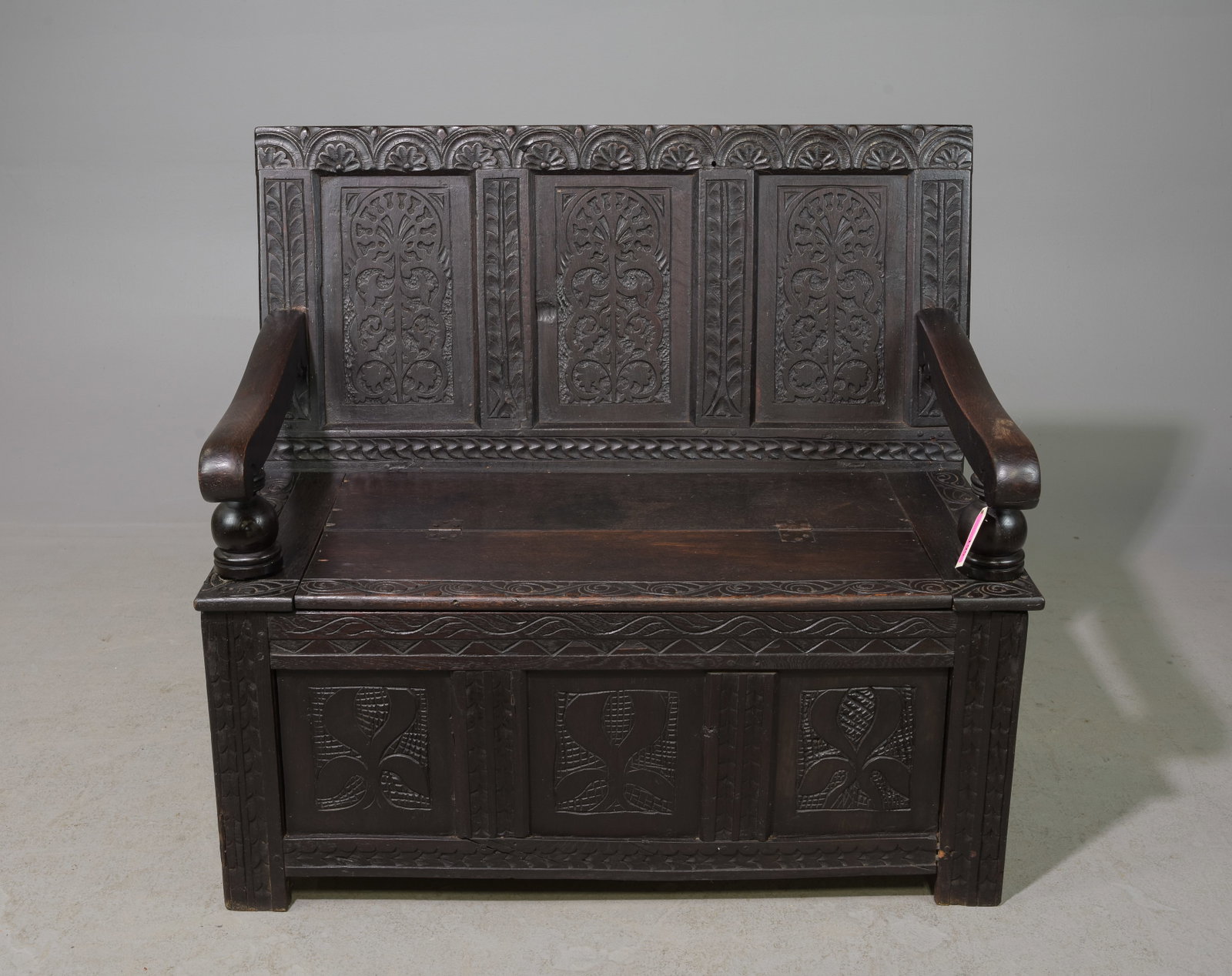 Dark Carved Oak Hall Bench: Dark Carved Oak Hall Bench - 38 in tall x 42 x 25