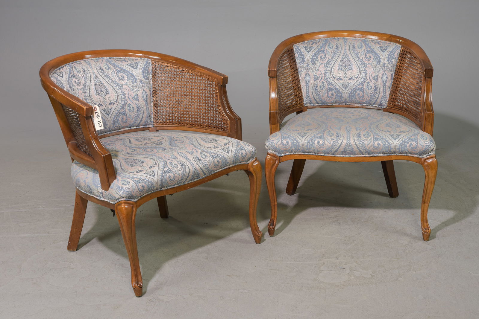 Pair of Barrel Back Caned Bergere Chairs: Pair of Barrel Back Caned Bergere Chairs - 29 in tall x 27 x 26, Seat height is 15.5 inches