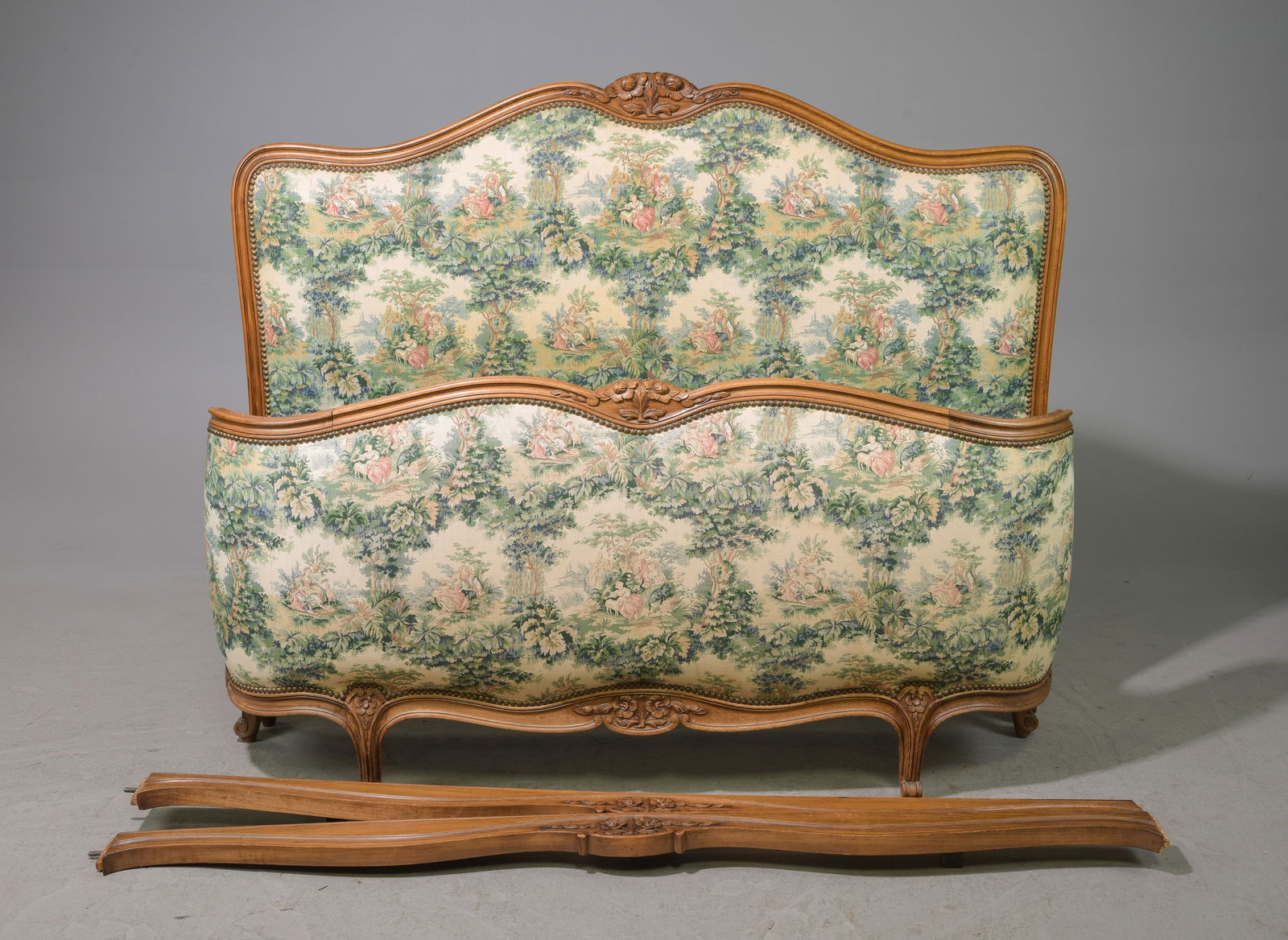 Louis XV Style Walnut Upholstered Bed with Rails: French Louis XV Style Walnut Upholstered Bed with Rails - Headboard is 49 in tall x 59 x 2.75, Rails are 65 inches long each - This bed is a European size which can usually be converted to an American