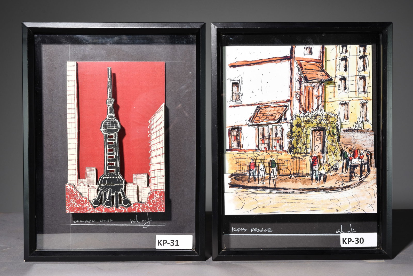 2pcs Shadow Boxed Signed "Mixed Media" Art: 2pcs Shadow Boxed Signed "Mixed Media" Art - 17 inches tall x 13 x 2.5