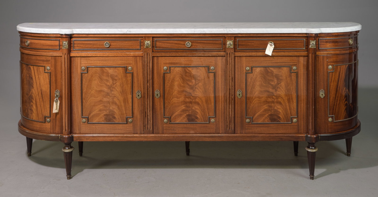 Louis XVI Style White Marble Top Mahogany Sideboard: French Louis XVI Style White Marble Top Mahogany Sideboard / Enfilade - 40 in tall x 98.25 x 21