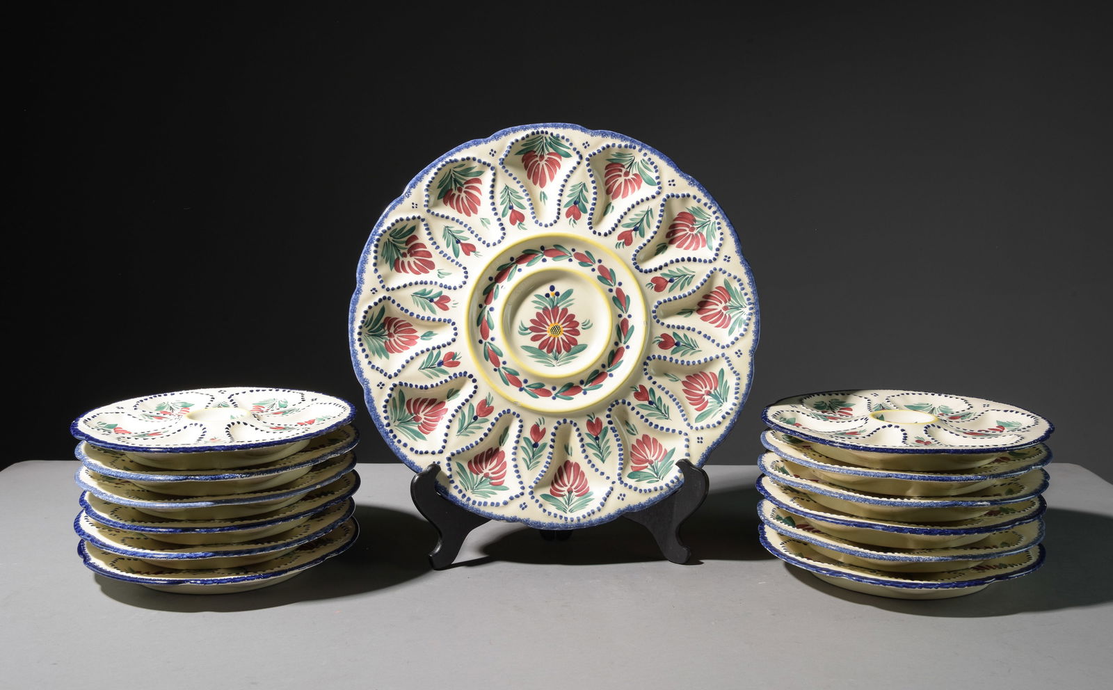 13pc Quimper Oyster Plate Set - Platter & 12 Plates (1 of 4)