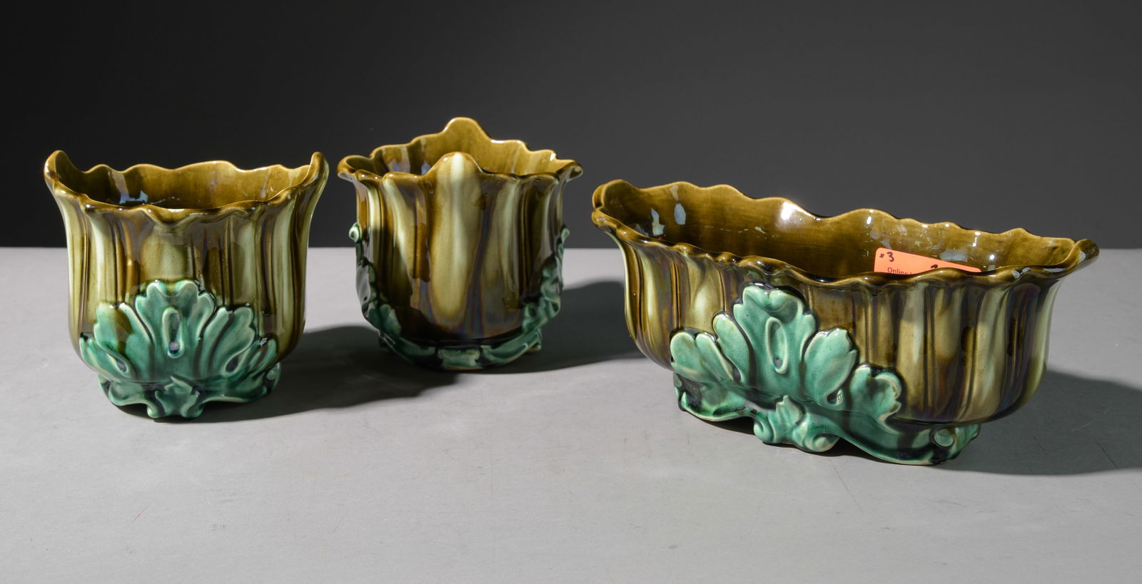 3pc French Majolica Vase Set with Foliate Motif (1 of 7)