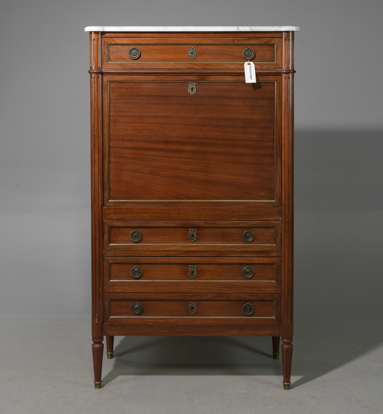Louis XVI Style White Marble Top Secretaire Abattant: French Louis XVI Style White Marble Top Mahogany Secretaire Abattant - 57 in tall x 32 x 16