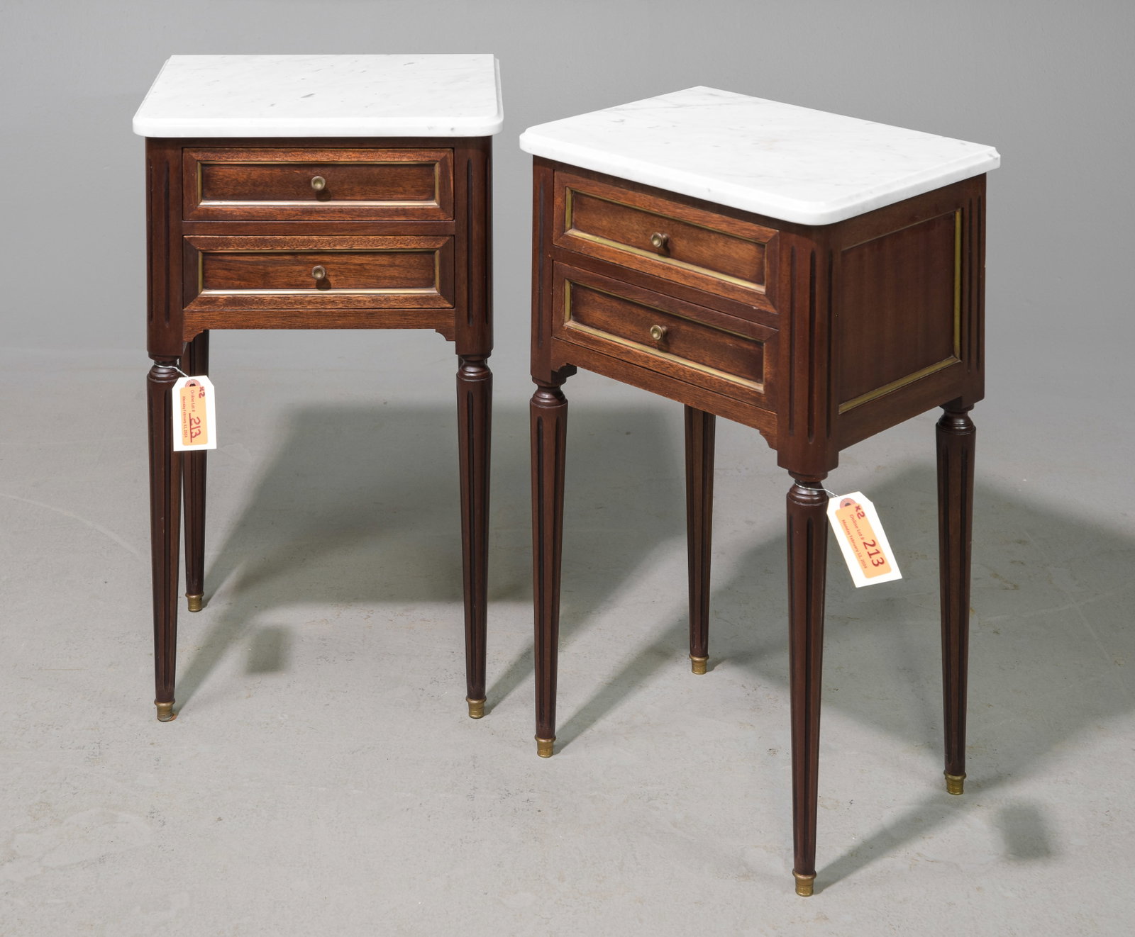 Pair of Louis XVI Style White Marble Top Chests: Pair of French Louis XVI Style White Marble Top Mahogany Occasional Chests / Nightstands - 26 in tall x 15 x 12 each