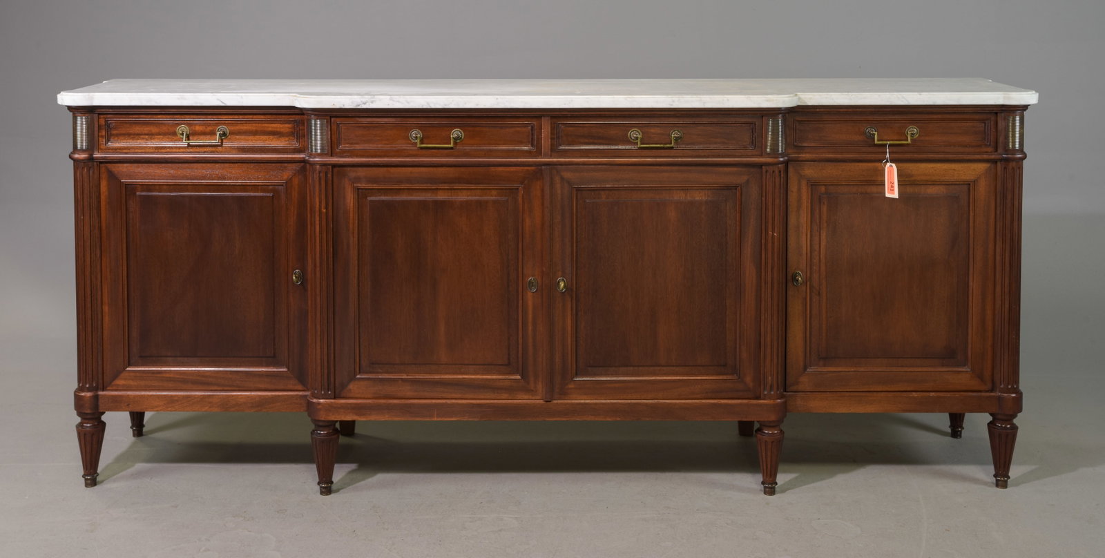 Louis XVI Style White Marble Top Sideboard #1: French Louis XVI Style White Marble Top Mahogany Sideboard / Enfilade - 39.5 in tall x 95.5 x 21