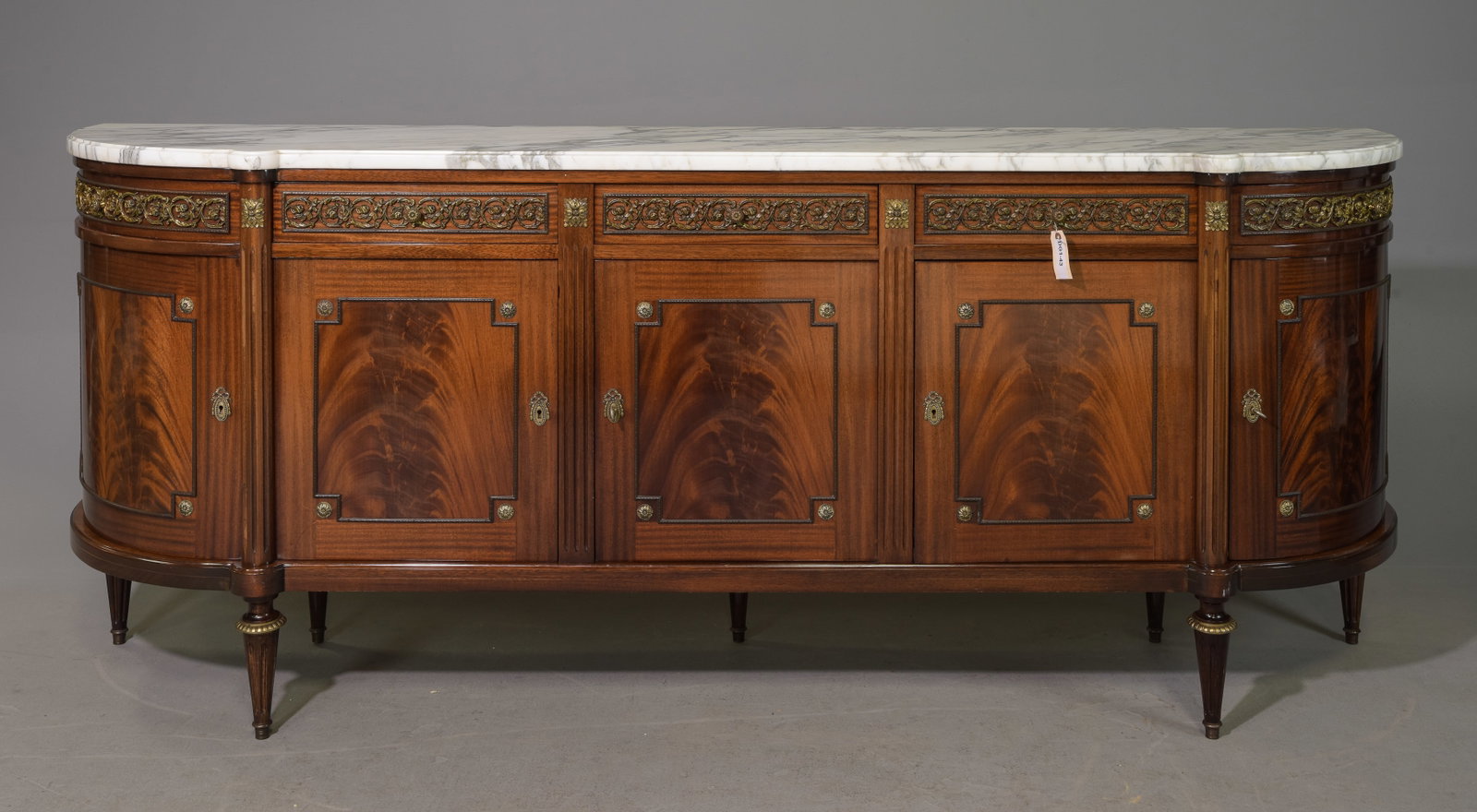Louis XVI Style White Marble Top Mahogany Sideboard: French Louis XVI Style White Marble Top Mahogany Sideboard / Enfilade - 40 inches tall x 86 x 21