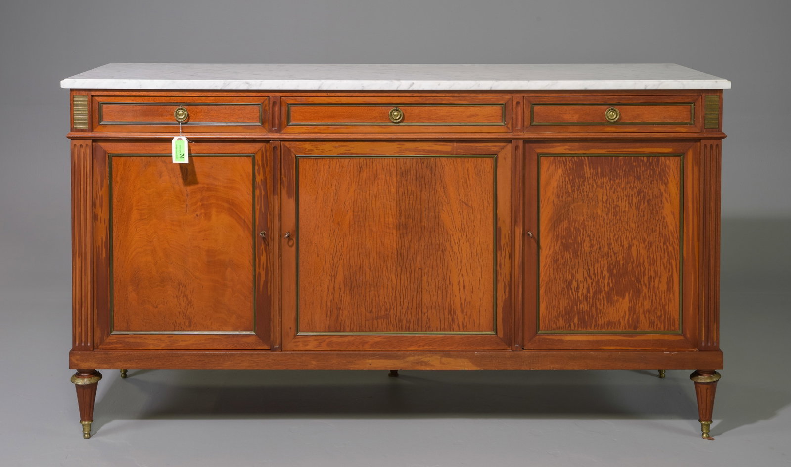Louis XVI Style White Marble Top Sideboard: French Louis XVI Style White Marble Top Sideboard - 39.5 in tall x 71 x 20