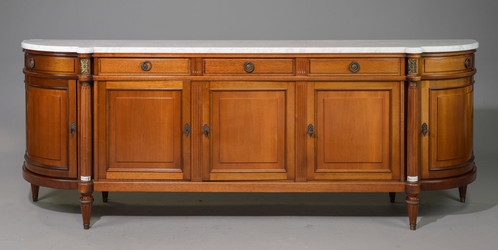 Louis XVI Style White Marble Top Sideboard: French Louis XVI Style White Marble Top Mahogany Sideboard - 38.5 in tall x 105.5 x 22