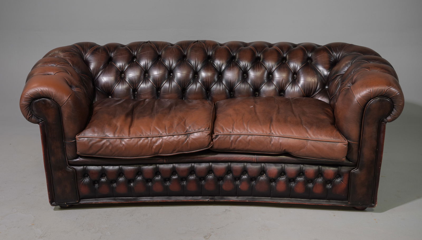 British Brown Leather Curved Back Chesterfield Sofa (1 of 9)