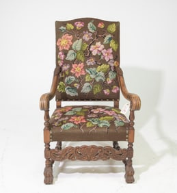 Louis XIII Style Carved Oak Needlepoint Fireside Chair