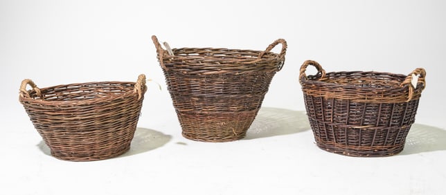 Three English Wicker Round Market Baskets