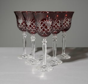 Set of 6 Red Cut Crystal White Wine Stems