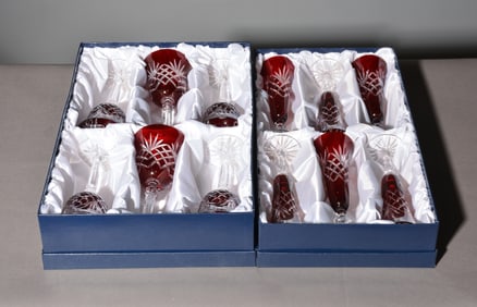 6 Red Cut Clear Crystal Wine Stems & 6 Flutes