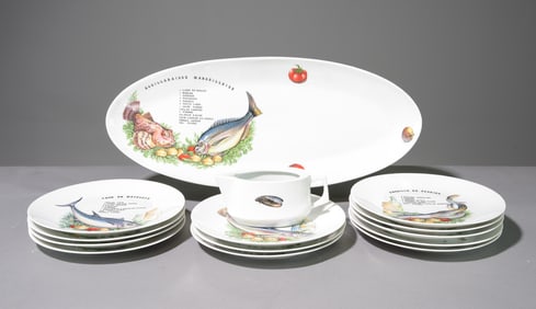 14pc Fish Plate Set - Platter, Plates, Sauce Boat