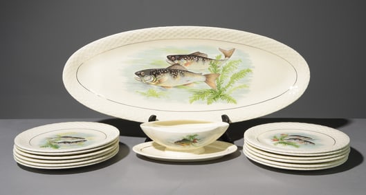 14pc Fish Plate Set - Platter, Plates, Sauce Boat