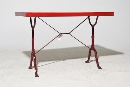 Red Painted Iron Base Rectangular Pub Style Table