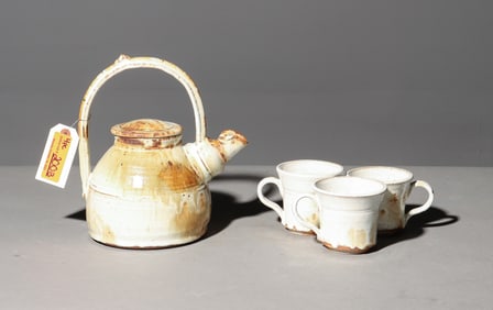4pcs - Glazed Pottery / Stone Tea Pot & 3 Cups