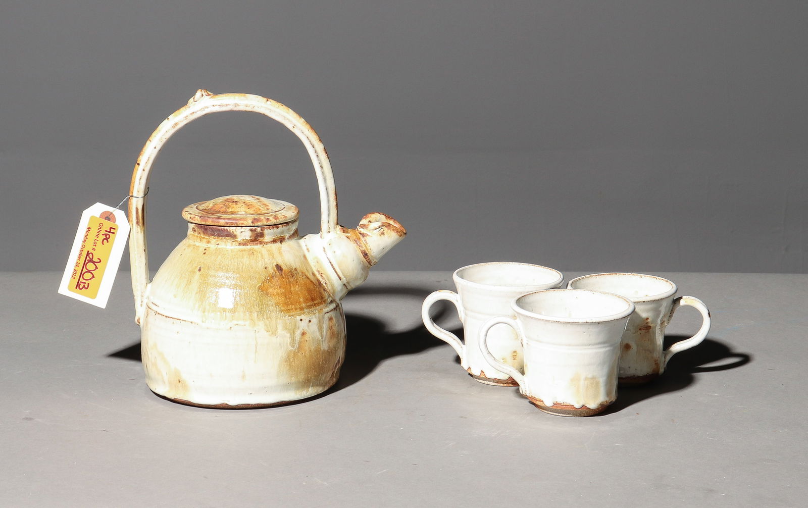 4pcs - Glazed Pottery / Stone Tea Pot & 3 Cups (1 of 5)