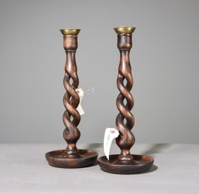 Pair of Open Barley Twist Oak Candlesticks #1