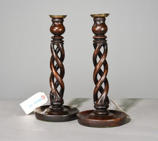 Pair of Open Barley Twist Oak Candlesticks #2