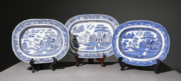 3 English Blue & White Willow Platters