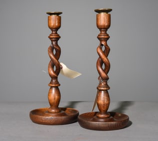 Pair of Open Barley Twist Oak Candlesticks