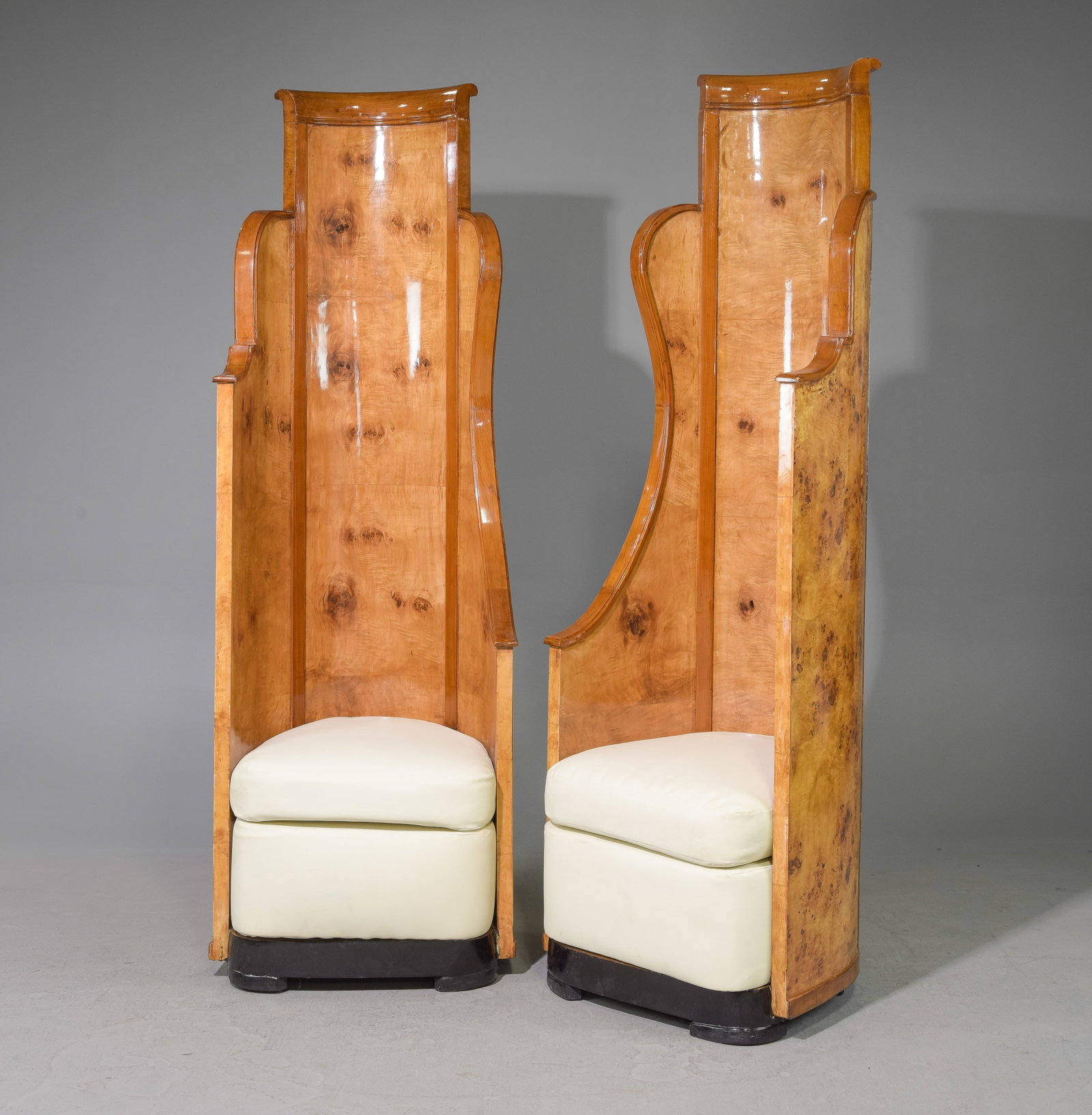 Pair of Art Deco Style Burled "Throne" Chairs: Pair of Art Deco Style Burled High Back "Throne" Chairs - 79 in tall x 26 x 23 each with a seat height of 19 inches each