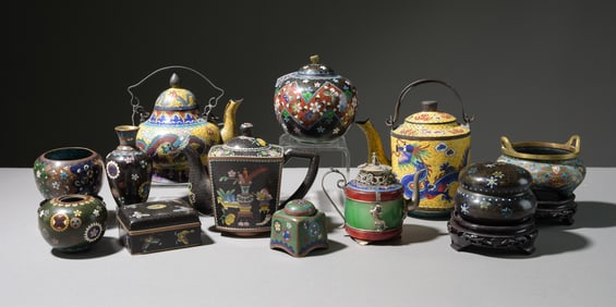 12pcs Assorted Cloisonne Tea Pots, Bowls, Etc.