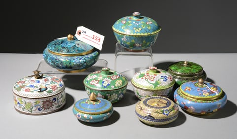 9 Vintage Chinese Cloisonne Covered Circular Boxes